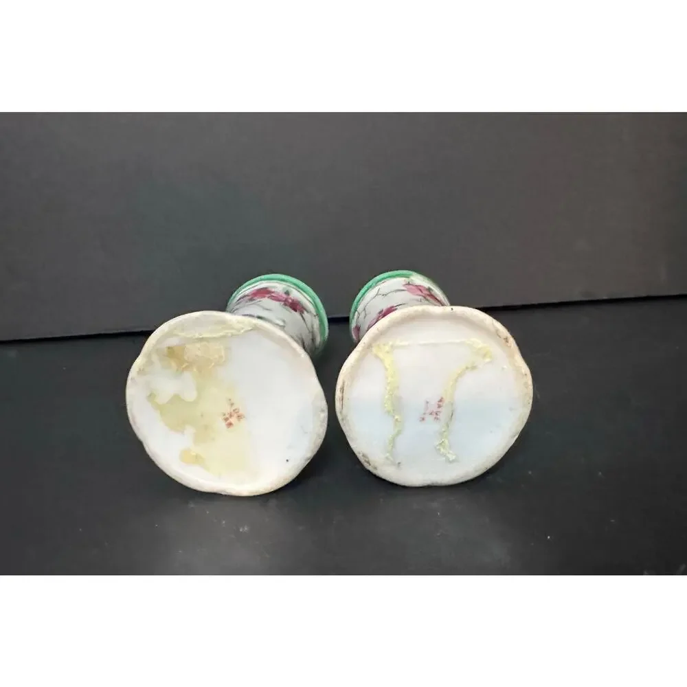 Pair Hand Painted Hat Pin Holders Floral Design VIOLETS Green Gold Trim